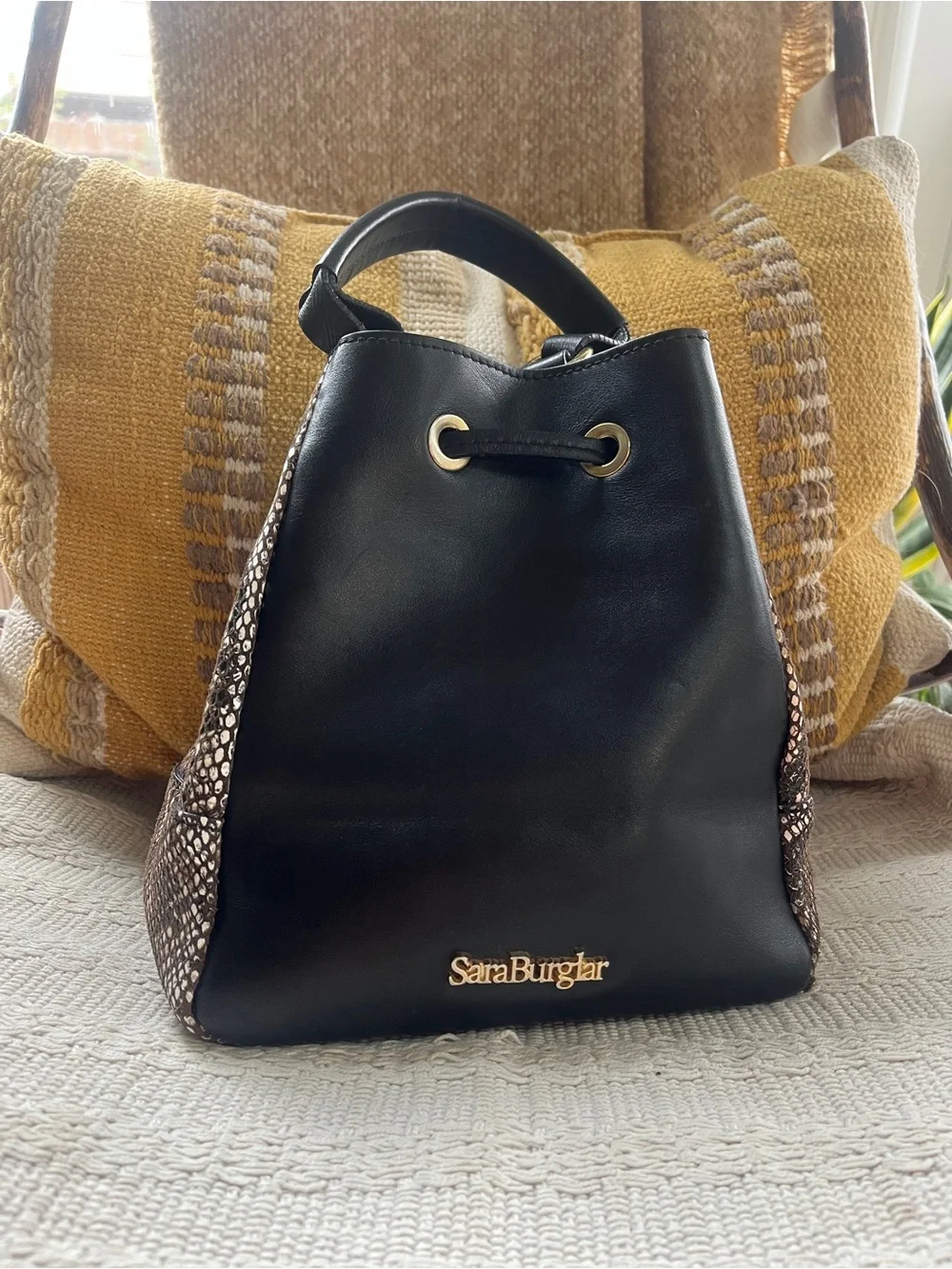 Black Italian Leather Drawstring Satchel with Snake-Print Panels